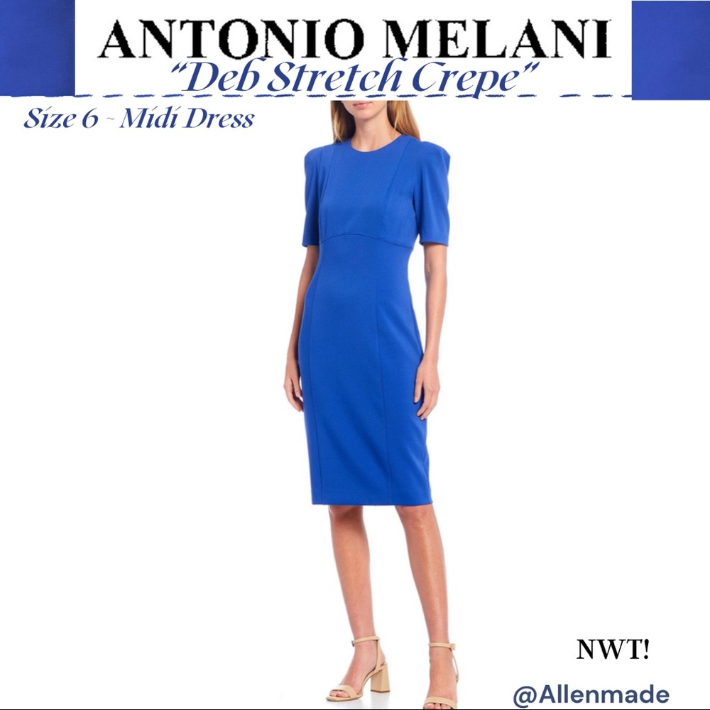 Antonio Melani “Deb” Stretch Crepe Round Neck Puff Sleeve Midi Dress Blue Sz 6